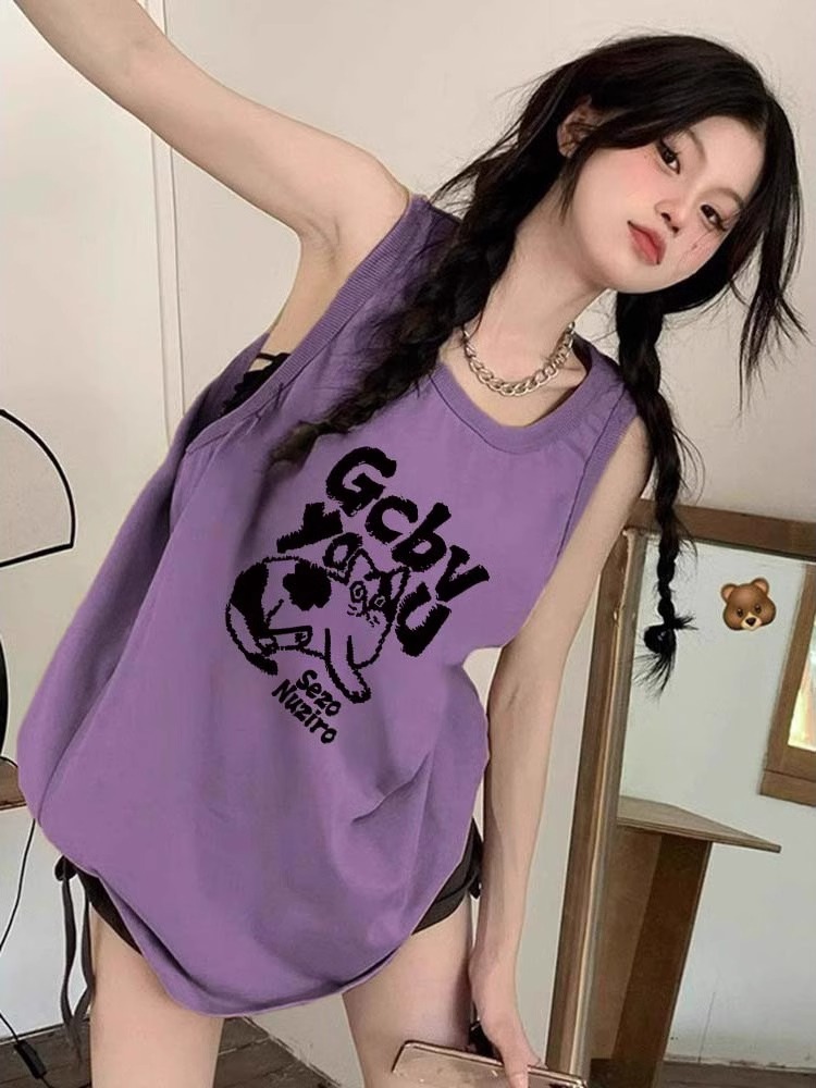 High-quality pure cotton 200g 21 combed tight thread collar method printed loose vest suspender T-shirt for women