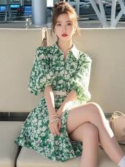 2025 spring Korean-style age-reducing style green floral long-sleeved shirt dress for women dopamine beautiful small skirt