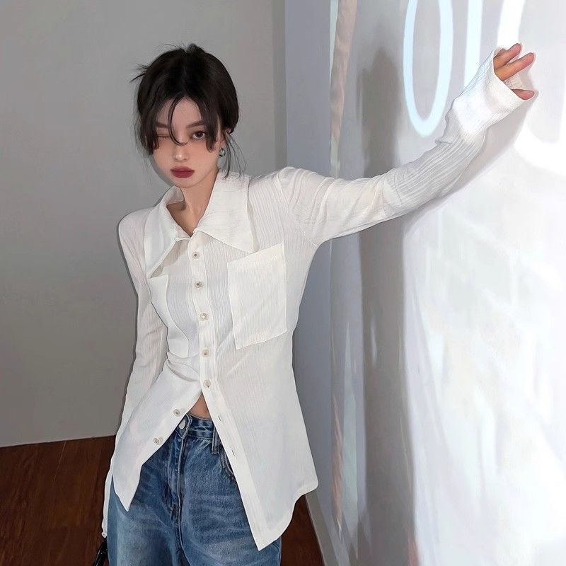 +Original method of waist-closing shirt for women with slim temperament base shirt with long-sleeved top
