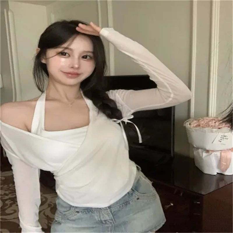 Pure slim neck halter vest with chest pad for women in summer long-sleeved sunscreen blouse layered two-piece set
