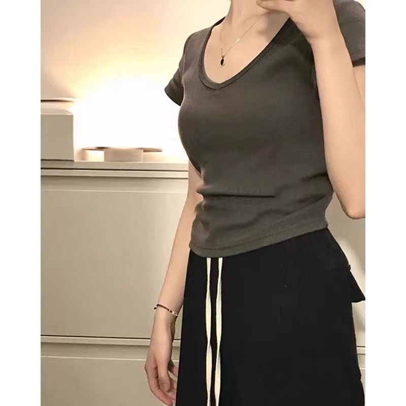 210g pure cotton thread pure hot girl shoulder V-neck short-sleeved T-shirt for women