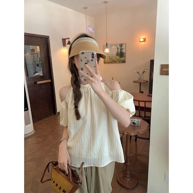 夏季2025新款提花條紋露肩系帶掛脖上衣女寬鬆顯瘦甜美別致襯衫夏
