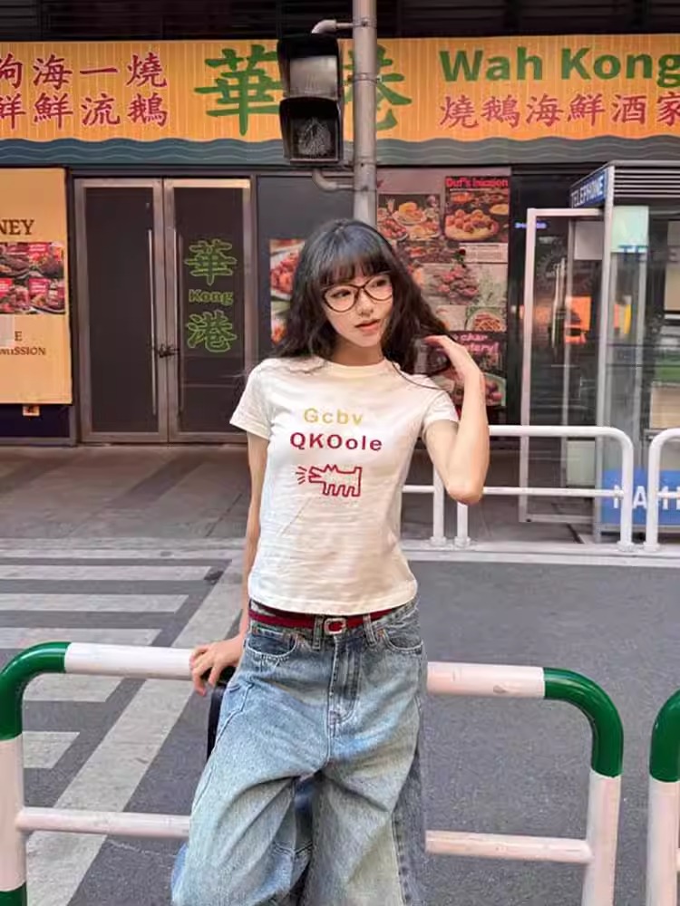 High-quality pure cotton 210g 40 pieces Odale 92 cotton 8 spandex printed hot girl slim short-sleeved T-shirt for women