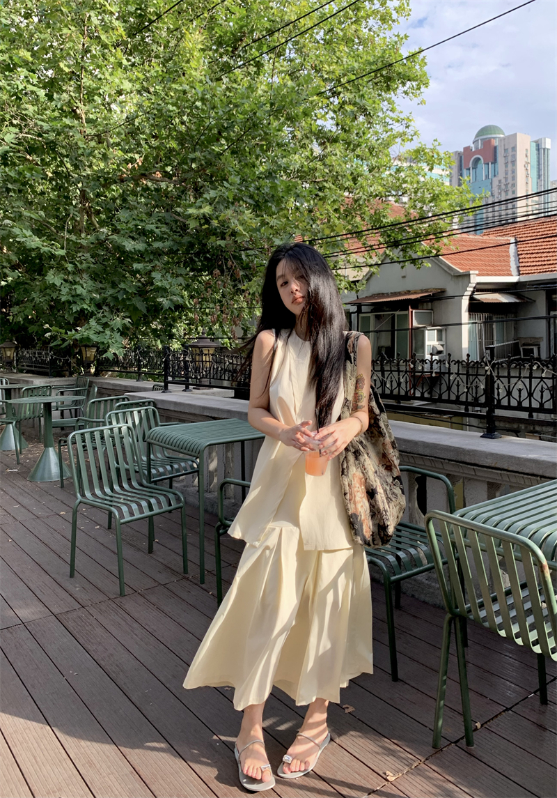 Real shot~ New Chinese vest skirt summer retro simple literary straps cold Zen style suit skirt