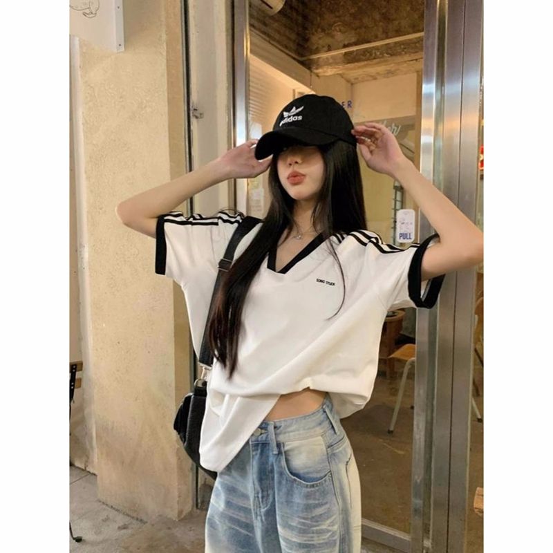 Fine shuttle 100% cotton contrast V-neck striped short-sleeved T-shirt casual versatile top student