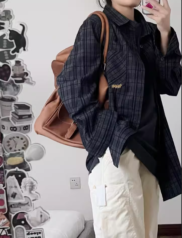 Japanese retro fine plaid lapel long-sleeved shirt 2025 spring comfortable and handsome casual loose shirt jacket trendy