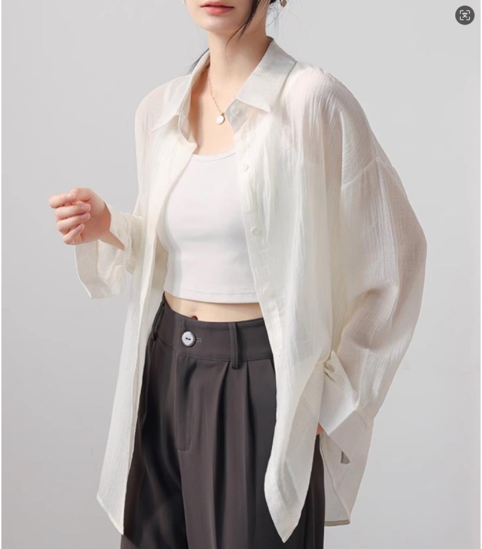 Women's 2025 new summer thin coat chiffon white shirt lazy loose loose slightly transparent top