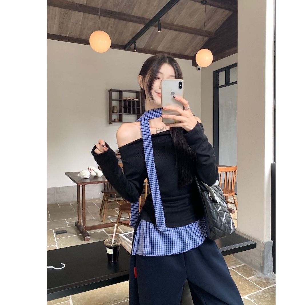 Modal cotton fake two-piece spliced ​​plaid off-shoulder T-shirt for women pure sexy hot girl off-shoulder halter neck top
