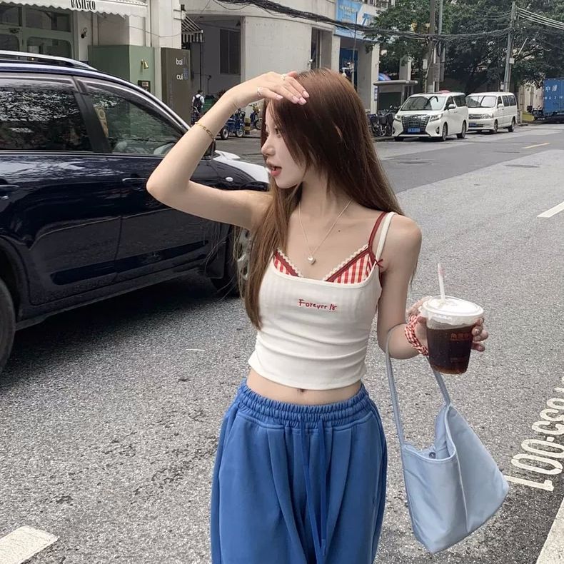 Modal cotton, single suspender hot girl outfit for women with inner vest summer letter embroidered slim fit white suspender