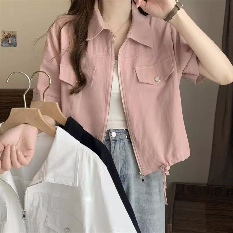 Drawstring zipper shirt for women in summer Korean version 2025 new workwear design short loose short sleeve top