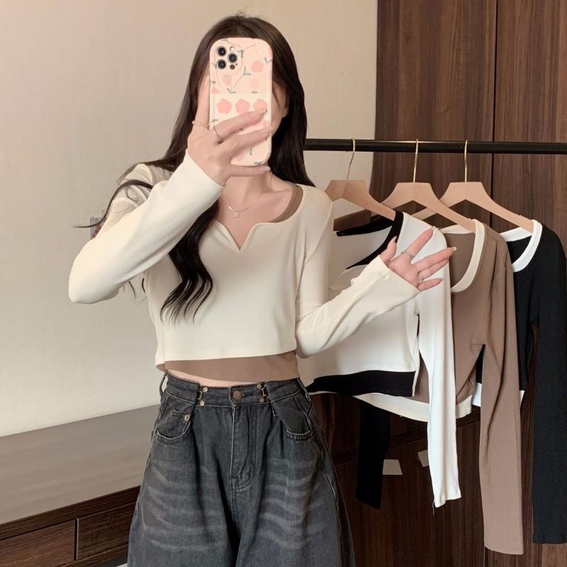 240g high elastic thread fake two-piece color-blocking peach heart collar spring and autumn inner bottom shirt short long-sleeved T-shirt for women