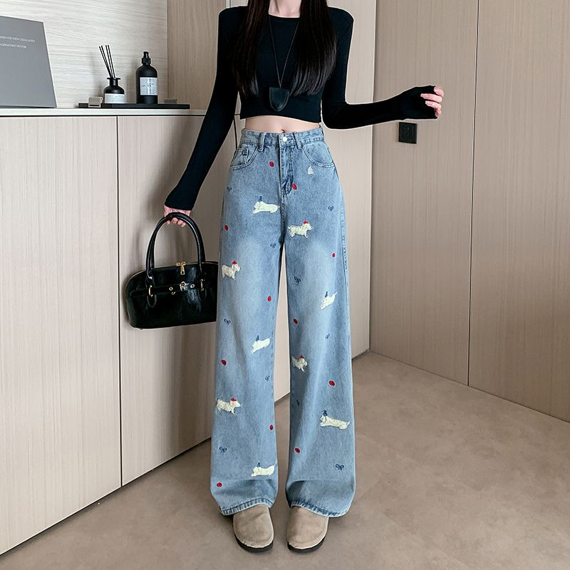 Real shot~ Cartoon three-dimensional dachshund dog embroidered jeans in spring and autumn high-waist loose slimming wide-leg trousers