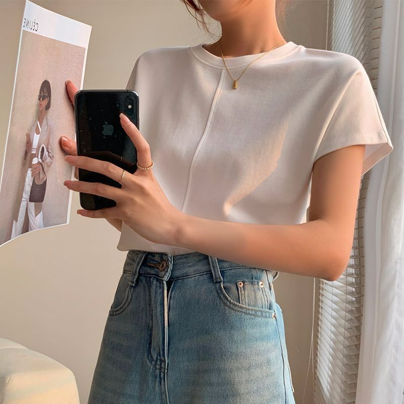 Pure cotton 40 210g 92 cotton 8 spandex white T-shirt for women's summer