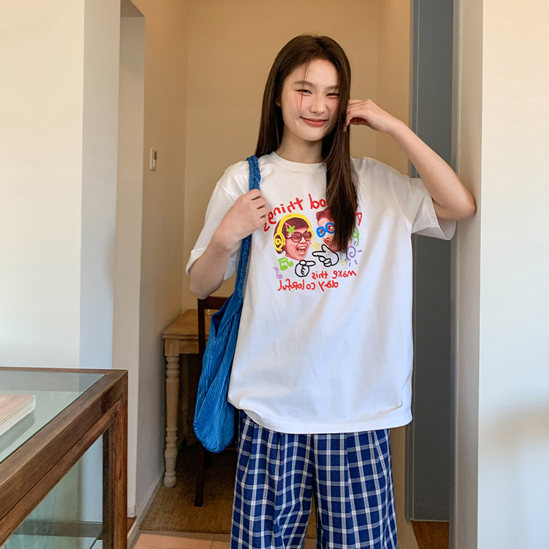 220g pure cotton American printed short-sleeved T-shirt for women 2025 summer new loose round neck top