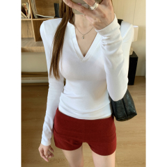 Real shot of spring Korean style, slim half-open collar, simple and versatile long-sleeved T-shirt top for women
