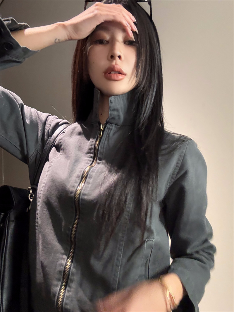 Real photo of heavy enzyme washing small-fitting cotton jacket for women's spring small slim body