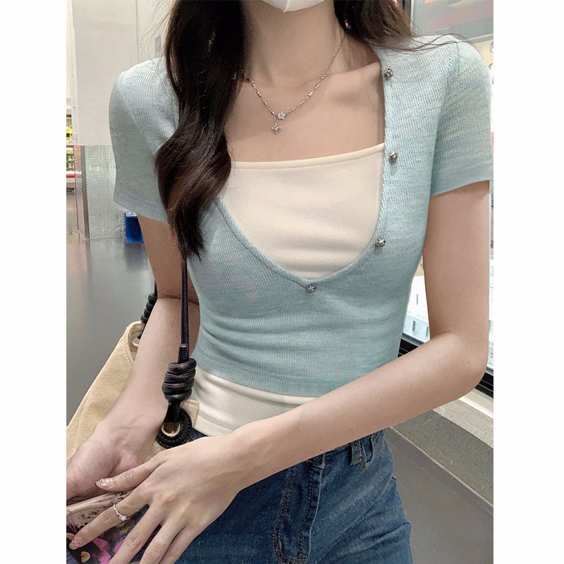 Original Guangzhou fabric pure sweet hot girl fake two-piece short-sleeved T-shirt for women Korean half-open collar color-blocking top