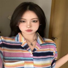 Summer tropical stripes lazy atmosphere casual chic shirt half-sleeved couple knitted shirt short sleeves