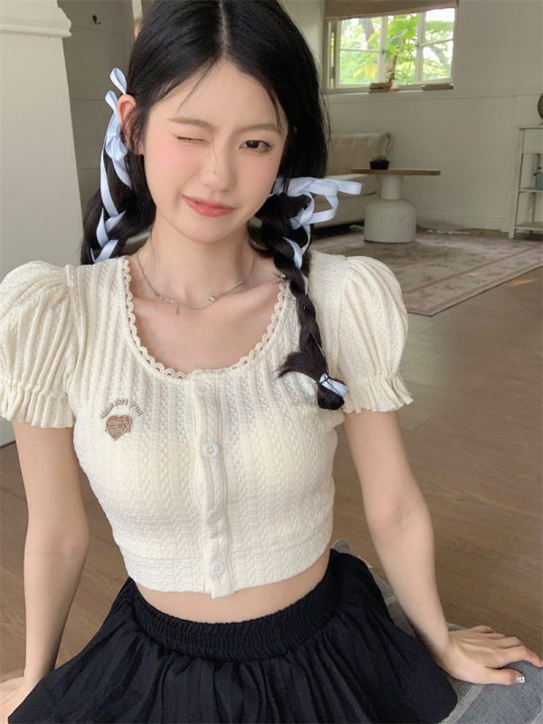 Weiwei Pure Sweet Girl Top Backless Lace Short Short Sleeve T-shirt