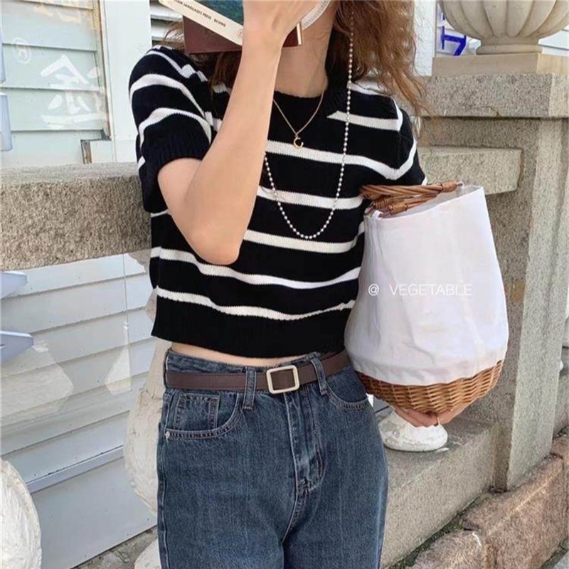 短款條紋針織T恤女夏季新款時尚洋氣短袖修身顯瘦上衣