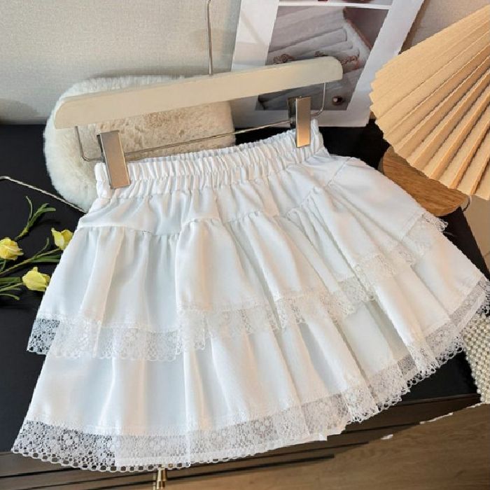 Ballet style sweet lace edge spliced ​​skirt for women in spring 2025 new high-waisted A-line pleated cake skirt