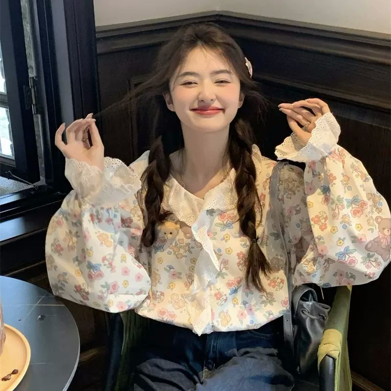 2025 spring suit large size fat mm sweet age-reducing lace spliced ​​wood ears bear cartoon floral long sleeve shirt for women