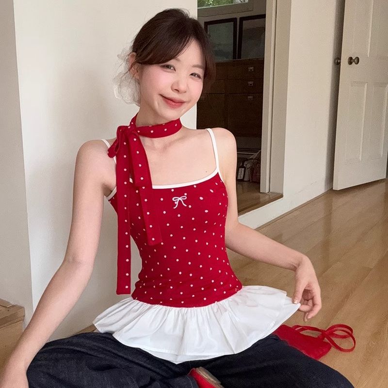 Contrast color splicing polka dot suspender vest for women 2025 spring new hot girl ruffle bow top