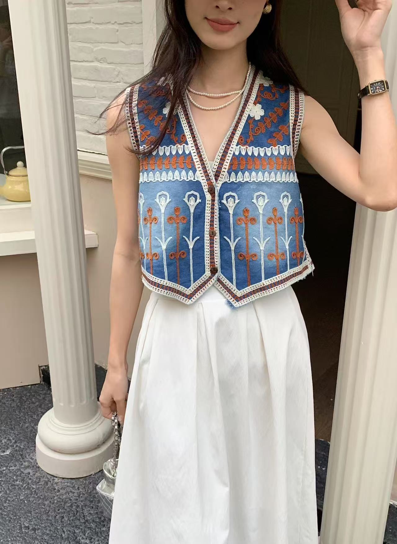 Ethnic Style V-Neck Hook and Eye Embroidery Vest Women's Summer Retro Fringe Denim Jacket Sweet Waistcoat Layered Top 