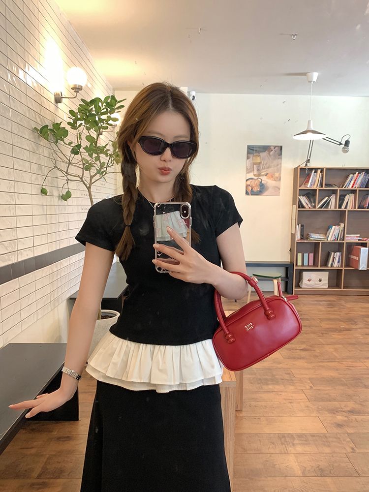 260g fake two-piece spliced ​​puffy lace round neck T-shirt design slim and slim shoulder short-sleeved top