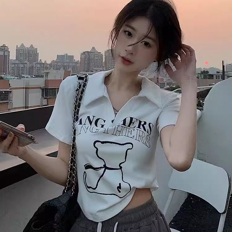 210g pure cotton thread American retro collar front shoulder short sleeve T-shirt for women in summer