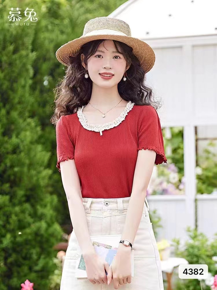 甜美粉色木耳邊短袖針織衫女夏季新款修身顯瘦蝴蝶結百搭上衣