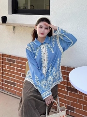 2025春秋新款文藝清新寬鬆棉布蕾絲刺繡單排扣襯衫重工設計感上衣