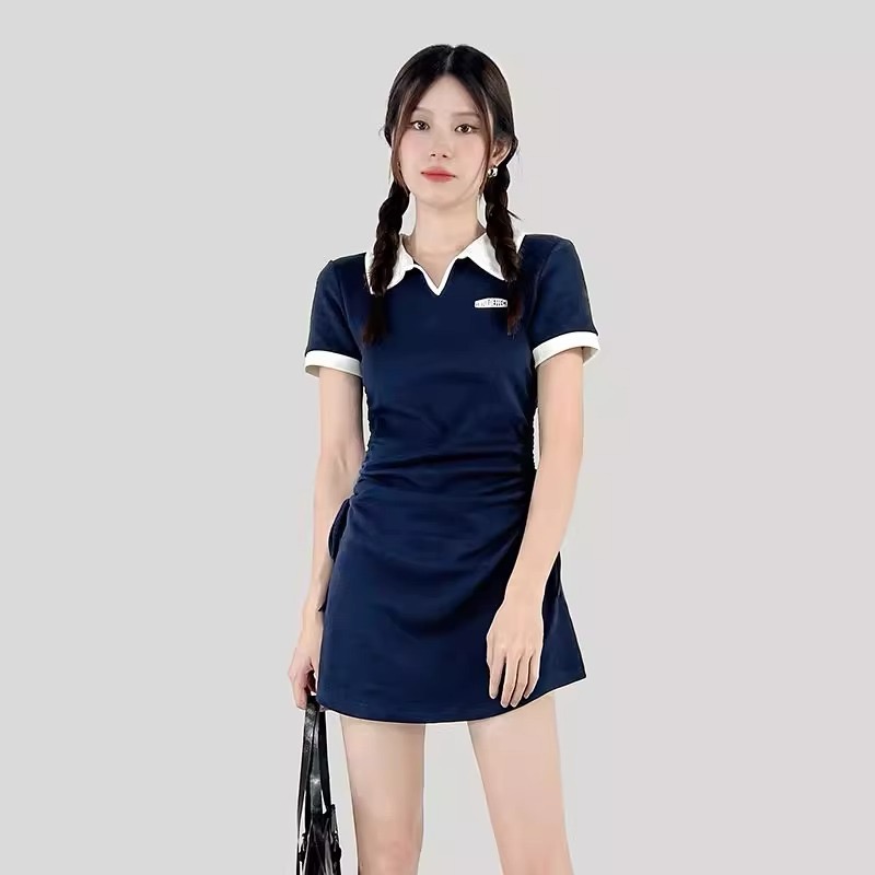 美式學院風抽繩polo領連衣裙女夏季辣妹撞色鹽系包臀小個子短裙子