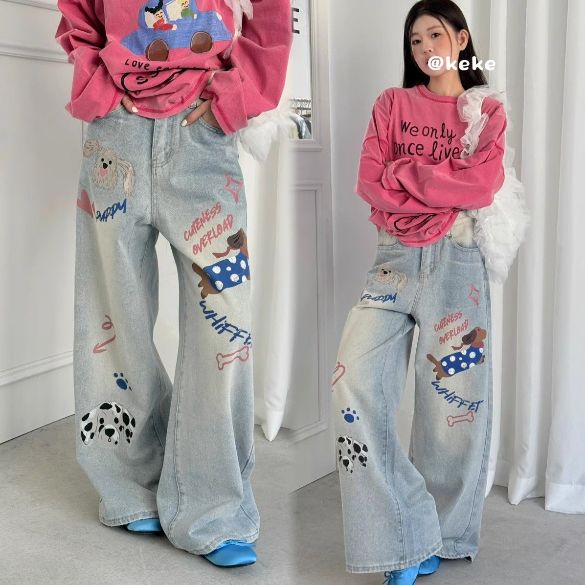 Early spring new Korean hand-painted cartoon puppy craft wide-leg floor jeans for women