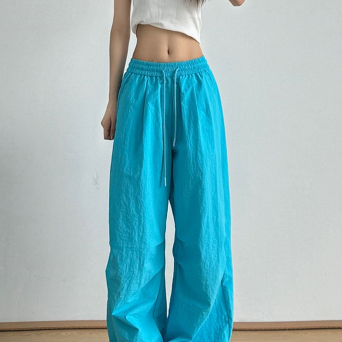Lake blue retro pleated paratrooper work pants for women in summer thin loose straight casual wide-leg sports trousers