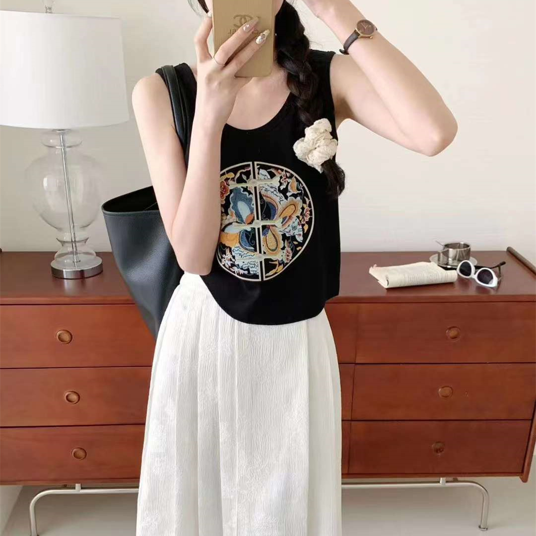 實拍新中式國風上衣夏季新款復古盤扣重工刺繡背心吊帶女