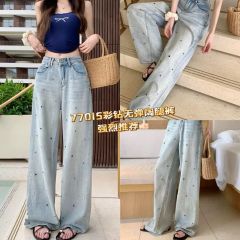 Hong Kong style summer washing light blue jeans for women new style personalized fashionable wide-leg loose colored diamond trousers