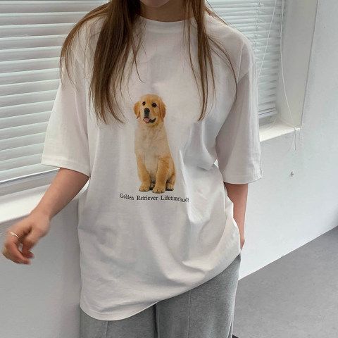 American retro trendy dog ​​printed short-sleeved T-shirt for women in summer loose design