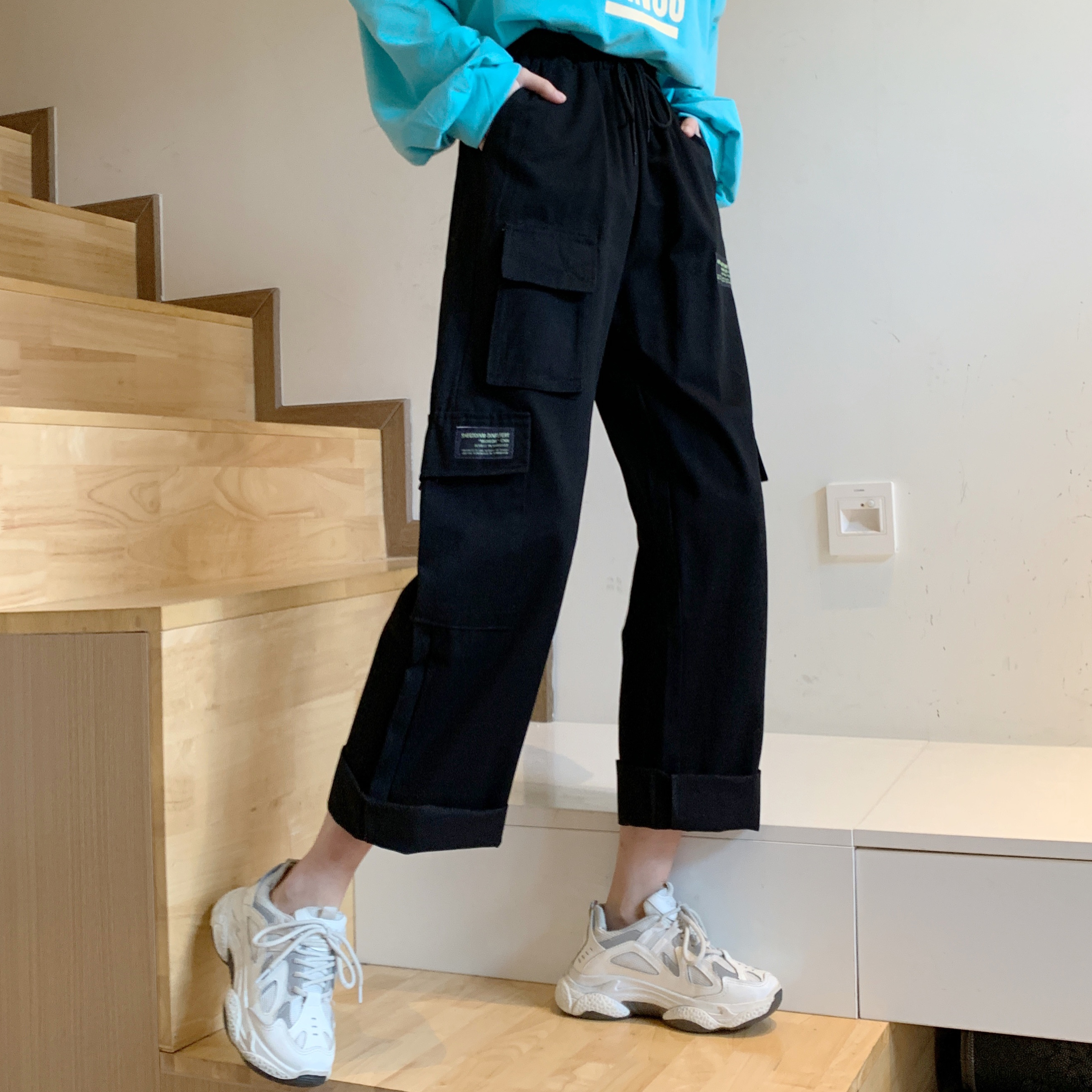 -Real photo of seven pockets, high waist slim overalls for women, straight loose bf casual wide-leg pants