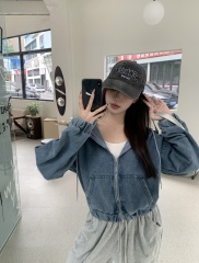 Real shot of Korean chic Hong Kong style double zipper casual versatile short long-sleeved hooded denim jacket