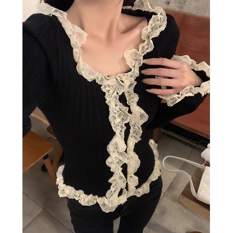 超好看蕾絲拼接花邊修身長袖針織衫上衣女春秋內搭短款毛衣打底衫