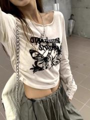 100% cotton 26 pure cotton American retro butterfly letter print long-sleeved T-shirt for women