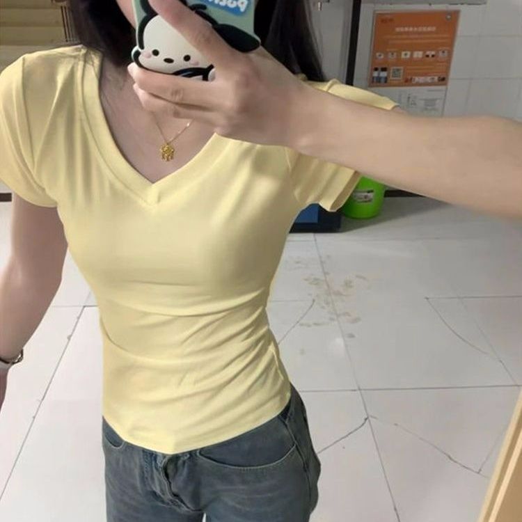V-neck slim fit slim short-sleeved women's niche commuter front shoulder casual solid color design top women's blouse