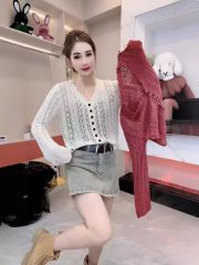 2025復古鏤空設計勾花單排針織衫新款春夏季長袖時尚百搭防曬上衣