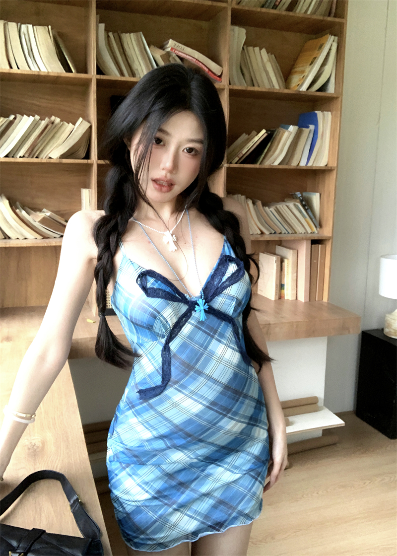 Real shot~ Sexy and pure bow suspender dress for women with plaid slim hip-packing skirt