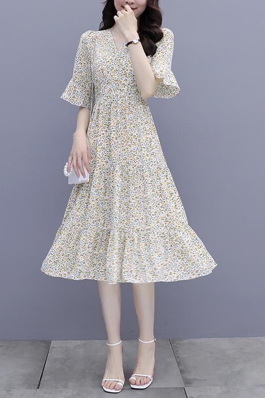Floral dress for women 2025 new spring mid-length style waist-hugging French cake skirt slim chiffon skirt