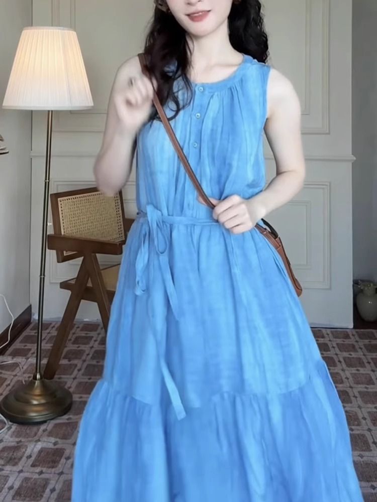 藍色無袖吊帶連衣裙子女裝2025新款夏季法式氣質海邊度假背心長裙