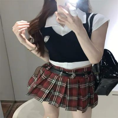 American college style suit Polo neck fake two-piece vest splicing shirt women's summer short shirt top