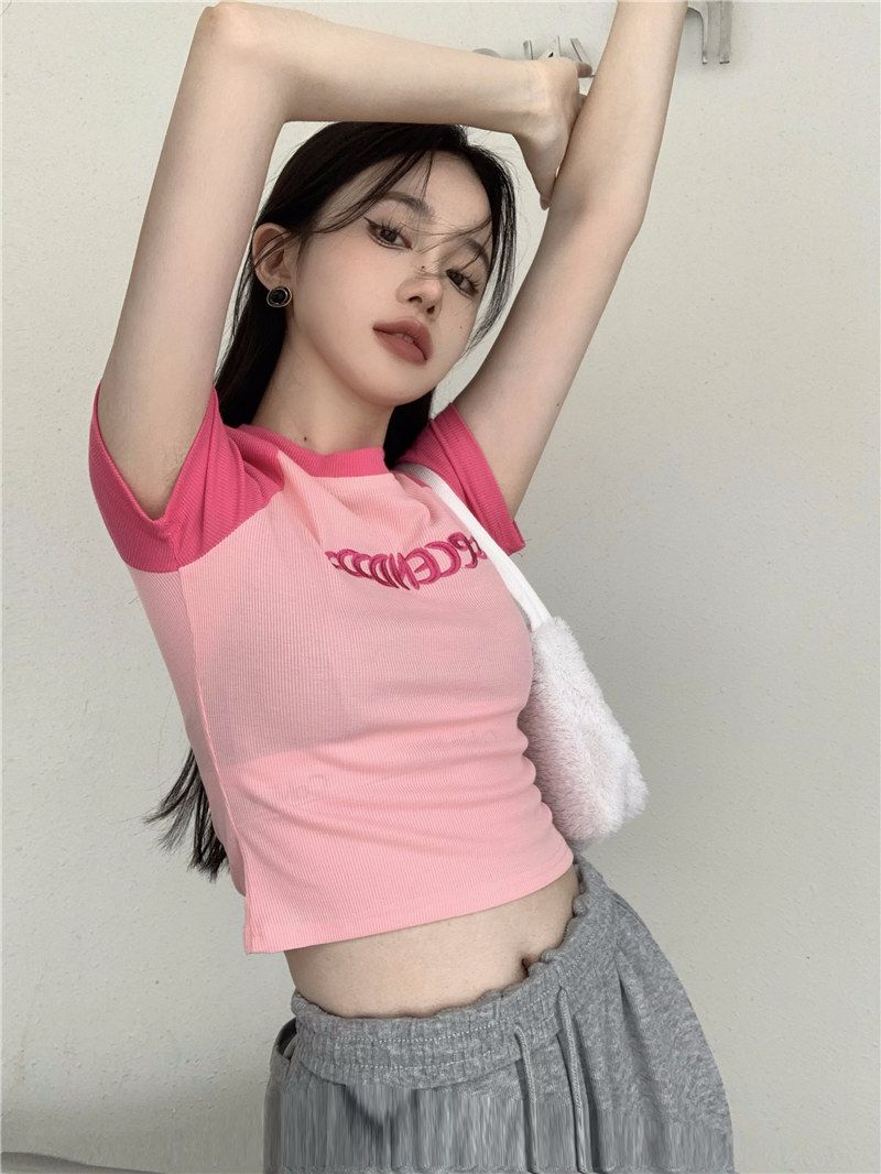 Rib summer short bm style slim fit embroidery splicing contrast color