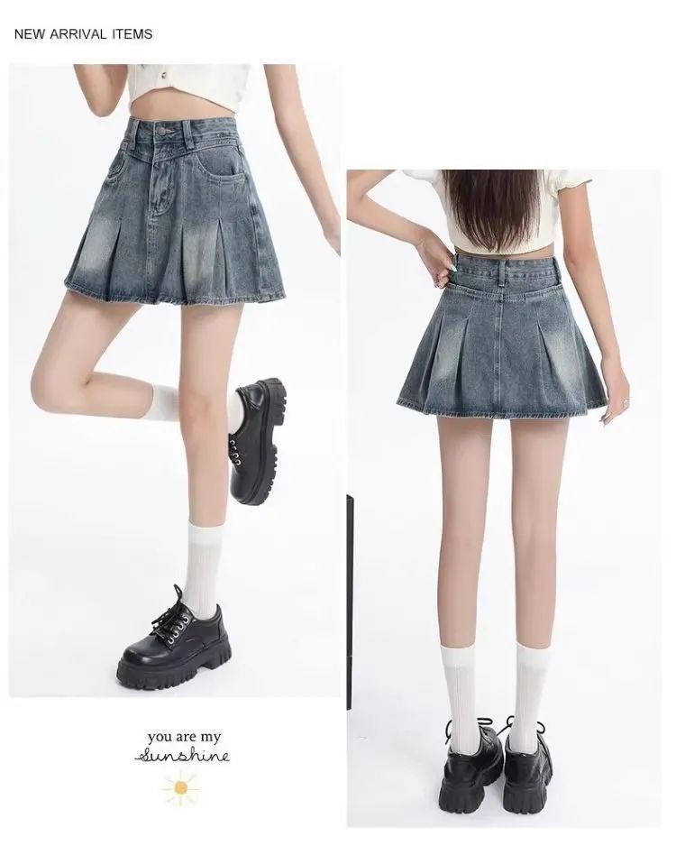 American retro light-colored denim skirt for women in summer, small high-waisted A-line slim pleated skirt short skirt